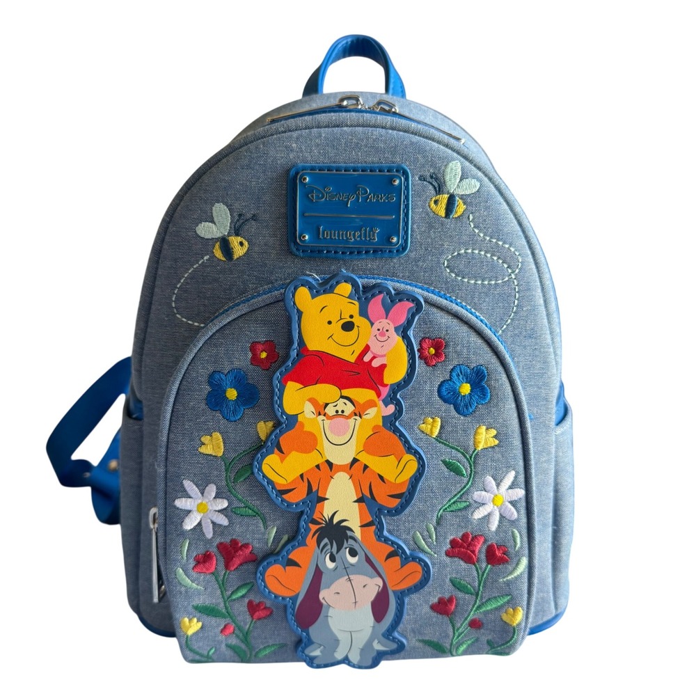Disney Parks Loungefly Winnie the Pooh Friends Denim Embroidered Mini Backpack
